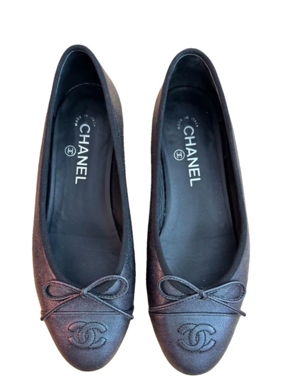 Chanel Black Blue Leather CC Logo Ballet Flats